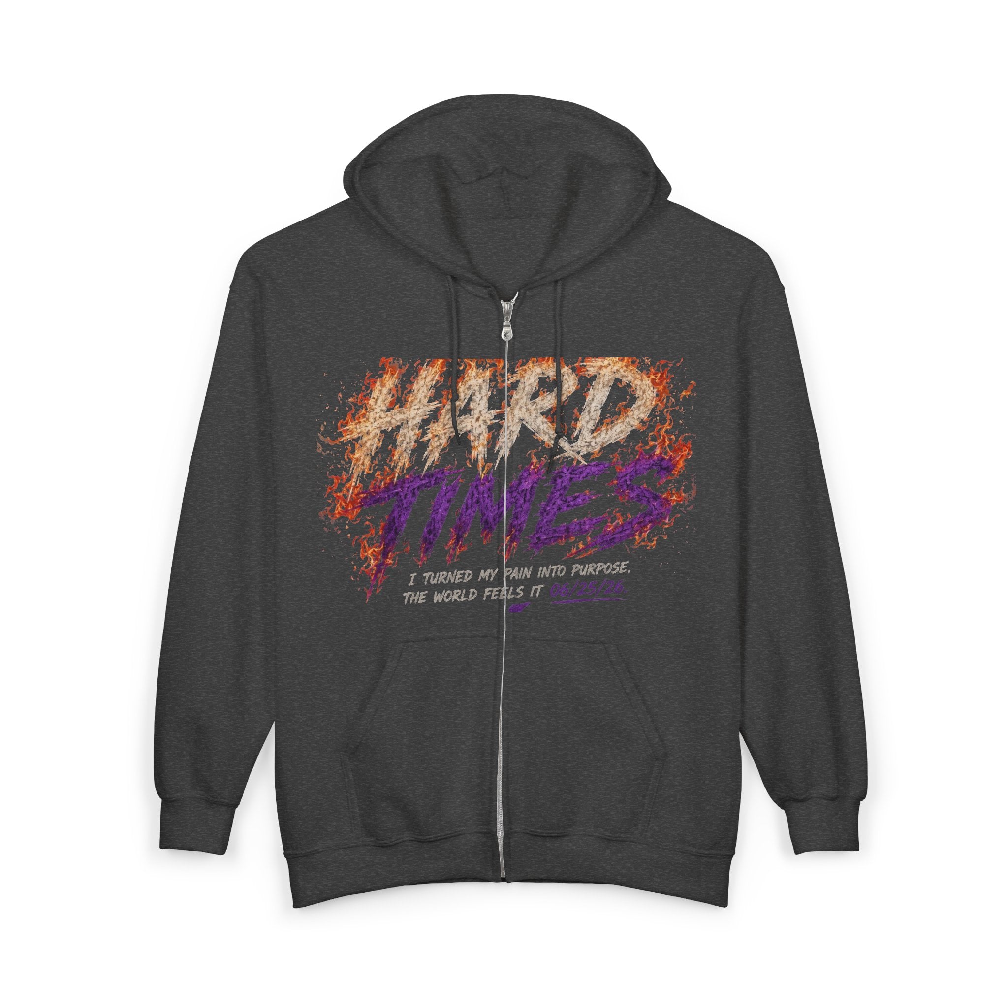 Hard Times Zip Hoodie — Retro Grunge "Hard Times" Graphic Full-Zip Sweatshirt