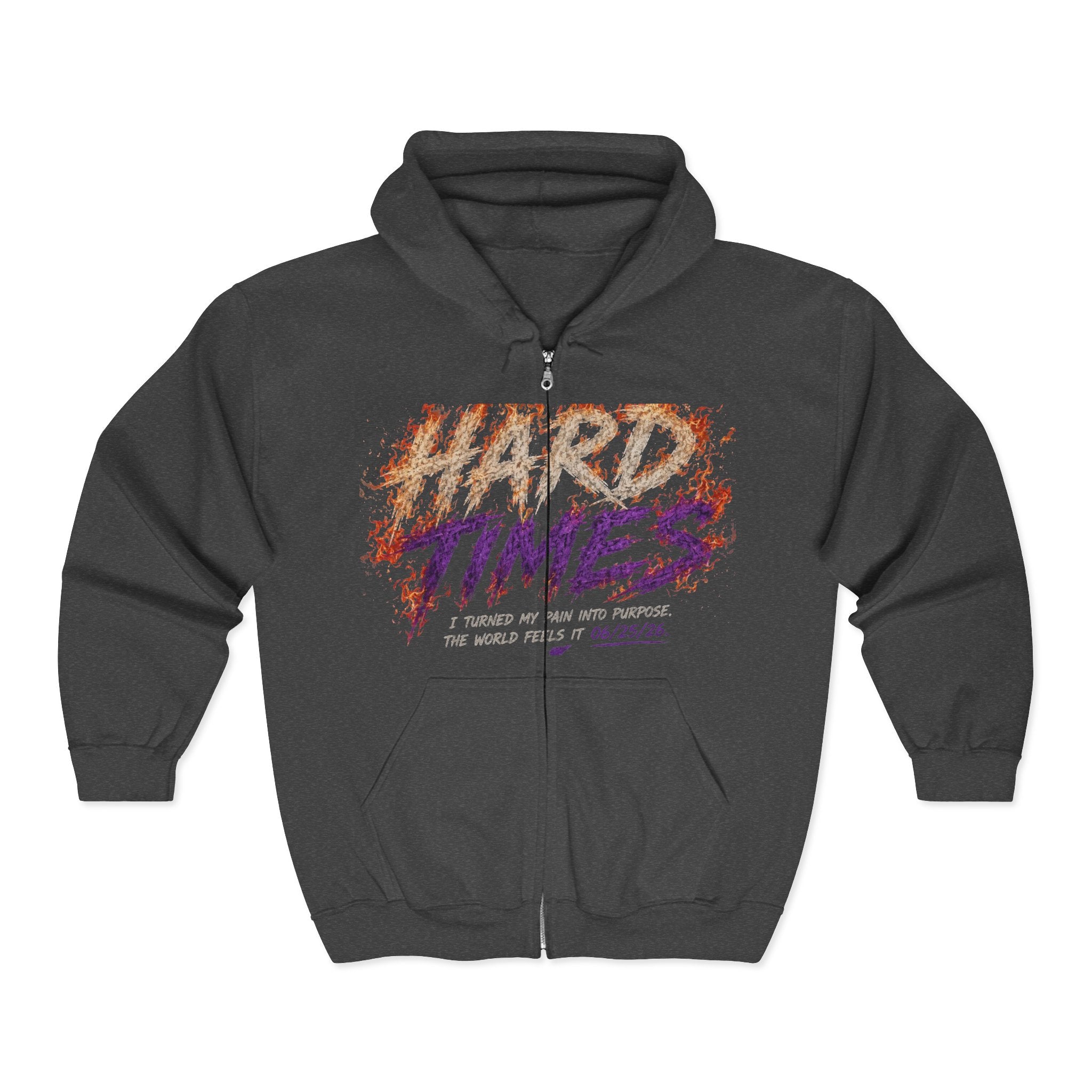Hard Times Zip Hoodie — Retro Grunge "Hard Times" Graphic Full-Zip Sweatshirt